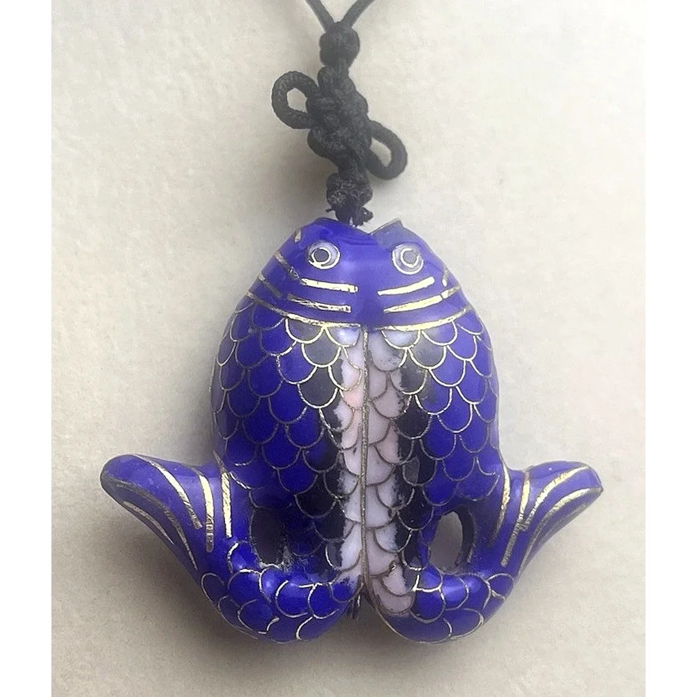 Cloisonne Twin Fish Pendant Medallion Red Stone Blue Gold Enamel Tribal Necklace